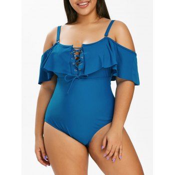 

Plus Size Lace Up Ruffle Cold Shoulder One-piece Swimsuit, Blueberry blue