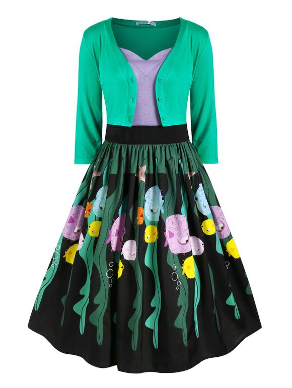 Ensemble de Cardigan Boutonné et de Robe à Bretelle Poisson Amusant Imprimé - Vert 3X