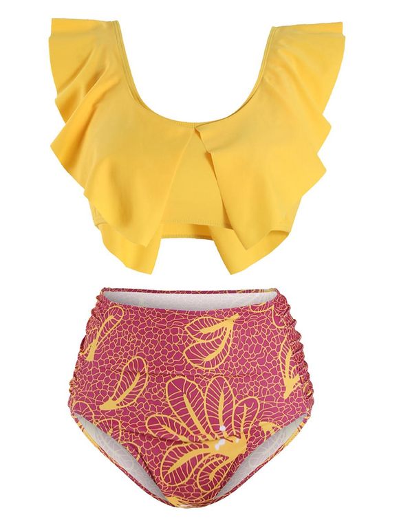 Feuilles imprimé floral Slit tankini maillot de bain - Jaune Soleil S