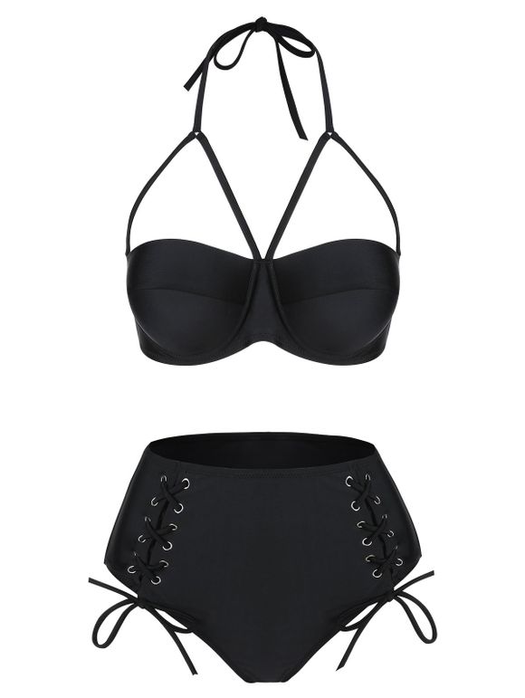 Maillot de Bain Bikini Harnais à Taille Haute à Lacets - Noir 2XL