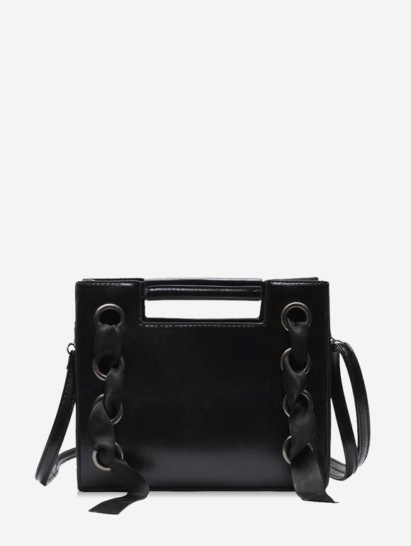 Sac à Bandoulière en Cuir Découpé avec Poignée et Œillets - Noir 