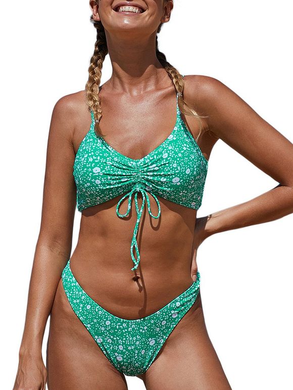 Floral Scrunch Butt écervelé Cinched Bikini - Vert clair XL