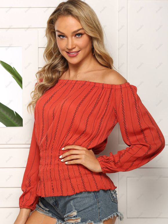 Chemisier Plissé Motif de Rayure à Epaule Dénudée - Rouge Vineux S