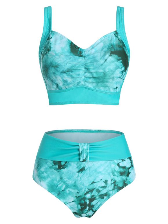 Maillot de Bain Bikini Matelassé Teinté Imprimé à Volants - Turquoise Foncée 3XL