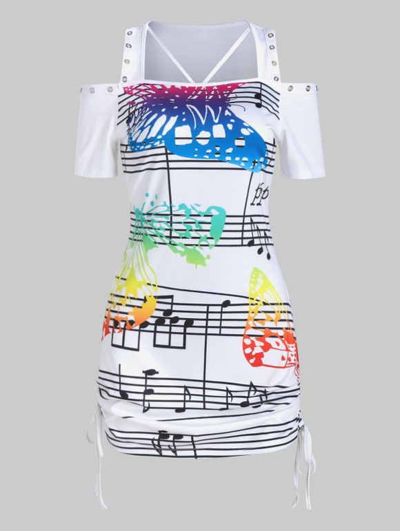 T-shirt Papillon et Note de Musique Imprimés à Epaule Dénudée à Lacets - Blanc L