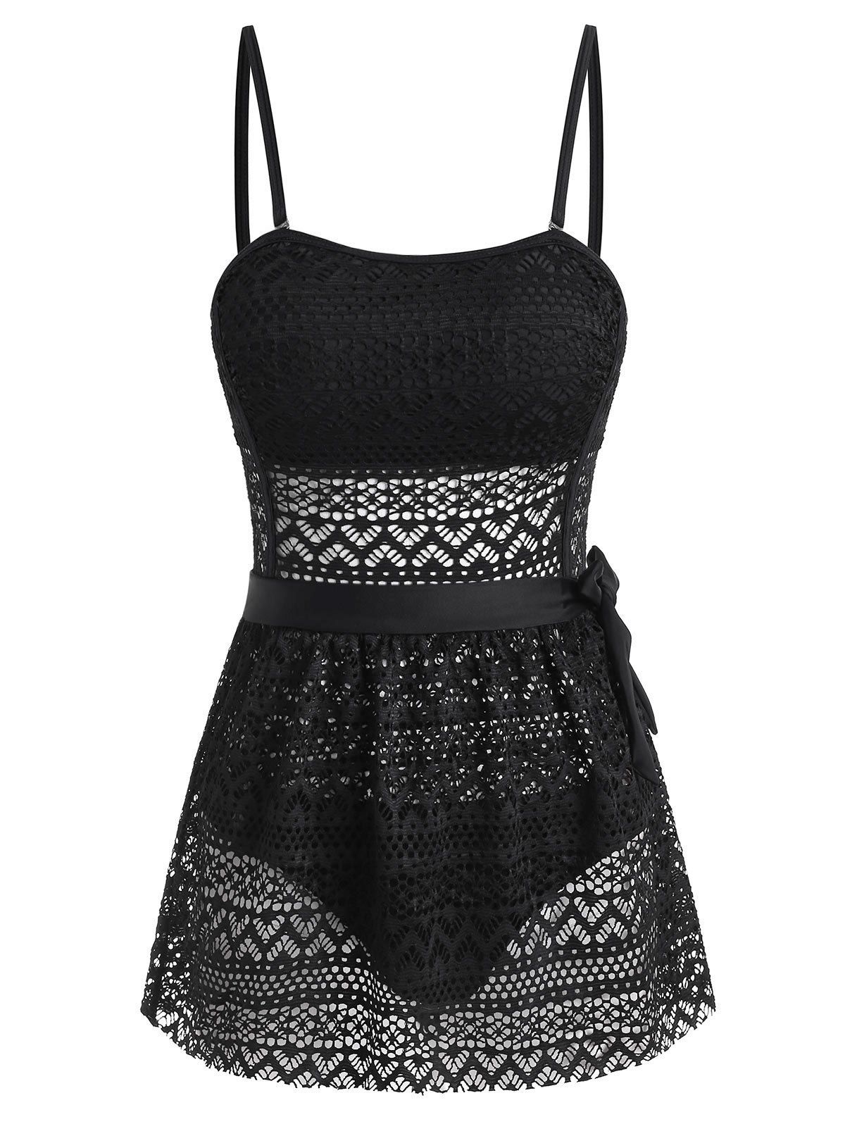 Openwork One-piece Swimsuit with Sarong - BLACK XL
