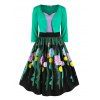 Ensemble de Cardigan Boutonné et de Robe à Bretelle Poisson Amusant Imprimé - Vert 4X
