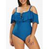 Plus Size Lace Up Ruffle Cold Shoulder One-piece Swimsuit - BLUEBERRY BLUE 5X
