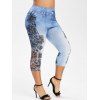 Legging Court 3D Fleur Imprimée de Grande Taille - Bleu Toile de Jean 4X