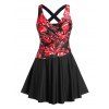 Maillot de Bain Tankini Croisé Fleuri Imprimé de Grande Taille - Noir 4X
