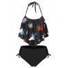 Maillot de Bain Tankini Noué au Dos Soleil Imprimé à Taille Haute - Noir 3XL