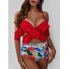Floral Leaves Ruffles Push Up Tankini Swimsuit - LAVA RED 2XL