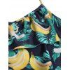 Tummy Control Vacation Swimwear Banana Leaf Ruffles Ruched Halter Tankini Swimsuit - CORN YELLOW S