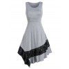 Robe Asymétrique en Dentelle Insérée sans Manches avec Bouton - Oie grise XL