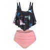 Maillot de Bain Tankini Plissé Soleil Imprimé à Taille Haute - Noir XL