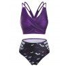 Maillot de Bain Bikini Gothique Croisé à Imprimé Chauve-souris à Lacets à Taille Haute en Deux Pièces - Iris Pourpre XL