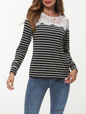 Lace Insert Striped Print Long Sleeve T-shirt