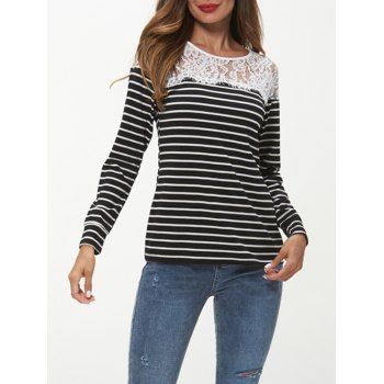

Lace Insert Striped Print Long Sleeve T-shirt, Black