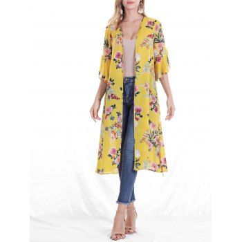 

Floral Print Slit Sleeve Belted Kimono Cardigan, Yellow