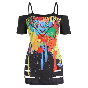 

Paint Splatter Print Open Shoulder Ripped T-shirt, Black