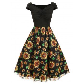 

Ruched Sunflower Mesh Panel Dress, Black