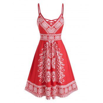

Tribal Print Criss-cross Spaghetti Strap Dress, Red