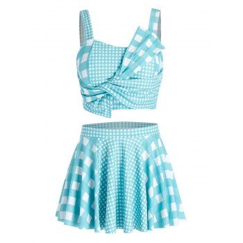 

Plus Size Plaid Pattern Asymmetric Tankini Swimsuit, Blue hosta