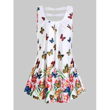 

Butterflies and Flower Print Ruched Tank Top, White