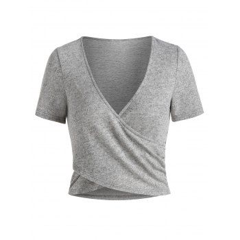 

Plunge Neck Heathered Surplice Cropped T-shirt, Ash gray