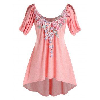 

Plus Size Cowl Sleeve High Low Floral Applique T Shirt, Pink