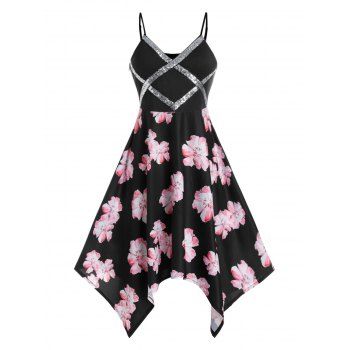 

Plus Size Sequins Floral Print Handkerchief Dress, Black