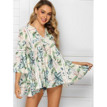 

Flower Print Lace Panel Asymmetric Blouse, Cream