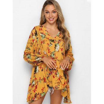 

Flower Print Lace Panel Asymmetric Blouse, Multicolor b