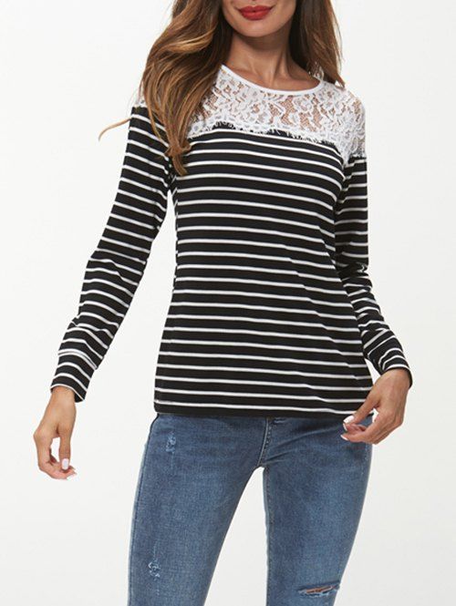 Lace Insert Striped Print Long Sleeve T-shirt - BLACK S