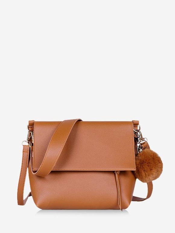 Sac à Bandoulière à Rabat à Pompon en Cuir - Brun 