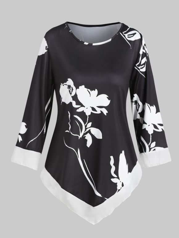 T-shirt Asymétrique Fleuri Imprimé de Grande Taille - Noir L