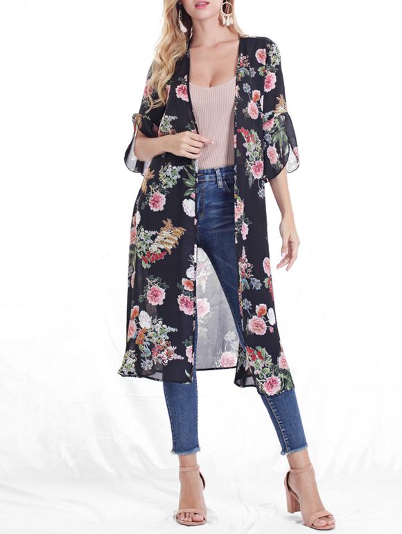 Cardigan Kimono Ceinturé Fleuri Imprimé à Manches Fendues - Noir 2XL