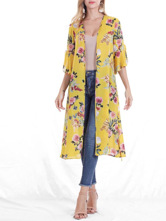 Cardigan Kimono Ceinturé Fleuri Imprimé à Manches Fendues - Jaune XL