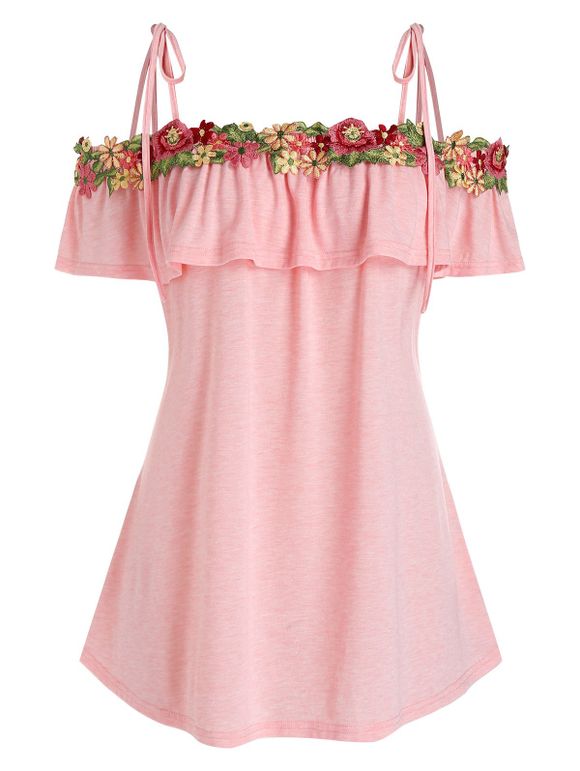 T-shirt Fleur Design à Epaule Dénudée de Grande Taille - Rose 5X
