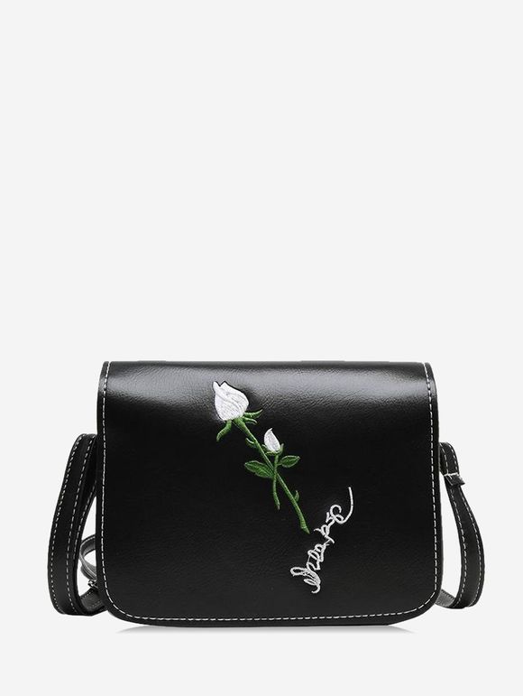 Sac à Bandoulière Rectangle Rétro Fleur Brodée - Noir 