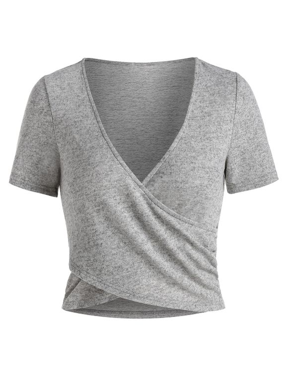 T-shirt Court Superposé Chiné à Col Plongeant - Cendre gris 3XL