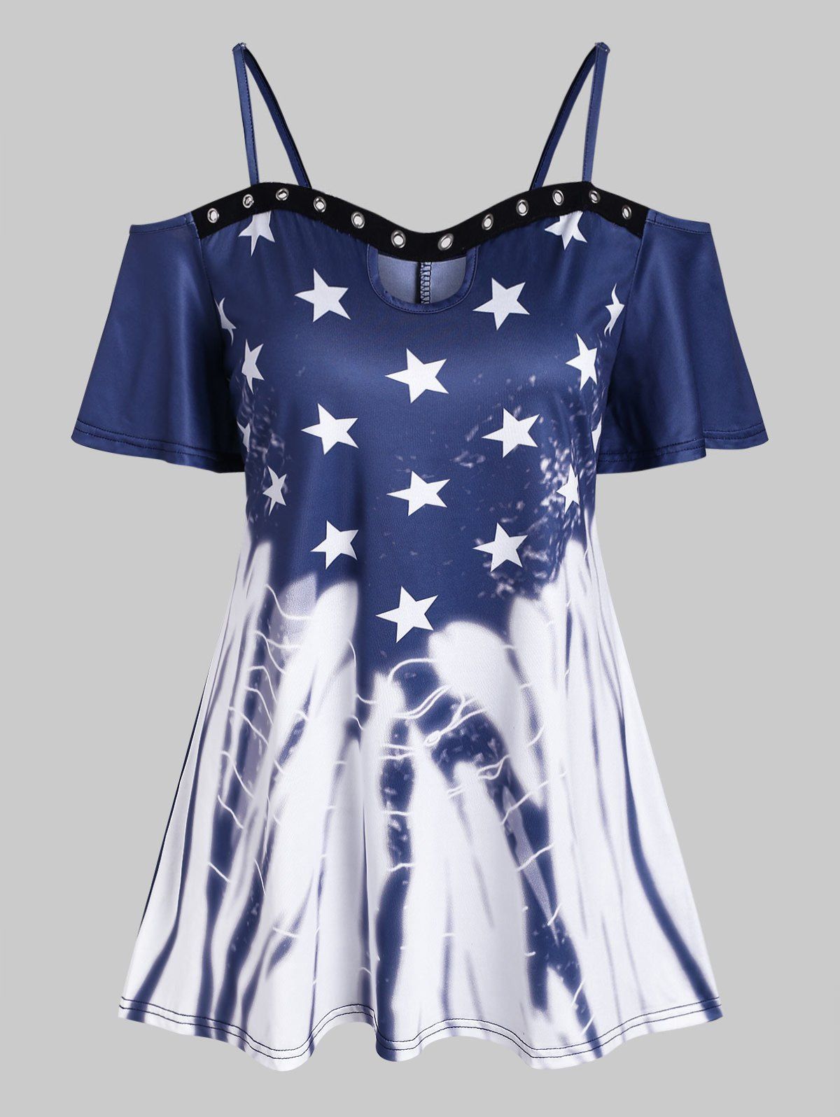 T-shirt Etoile à Epaule Ouverte de Grande Taille à Œillets avec Trou de Serrure - Bleu Lapis 4X