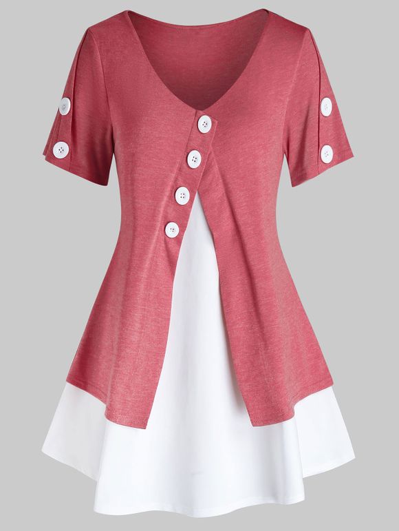 T-shirt Bicolore de Grande Taille - Rouge Haricot 5X