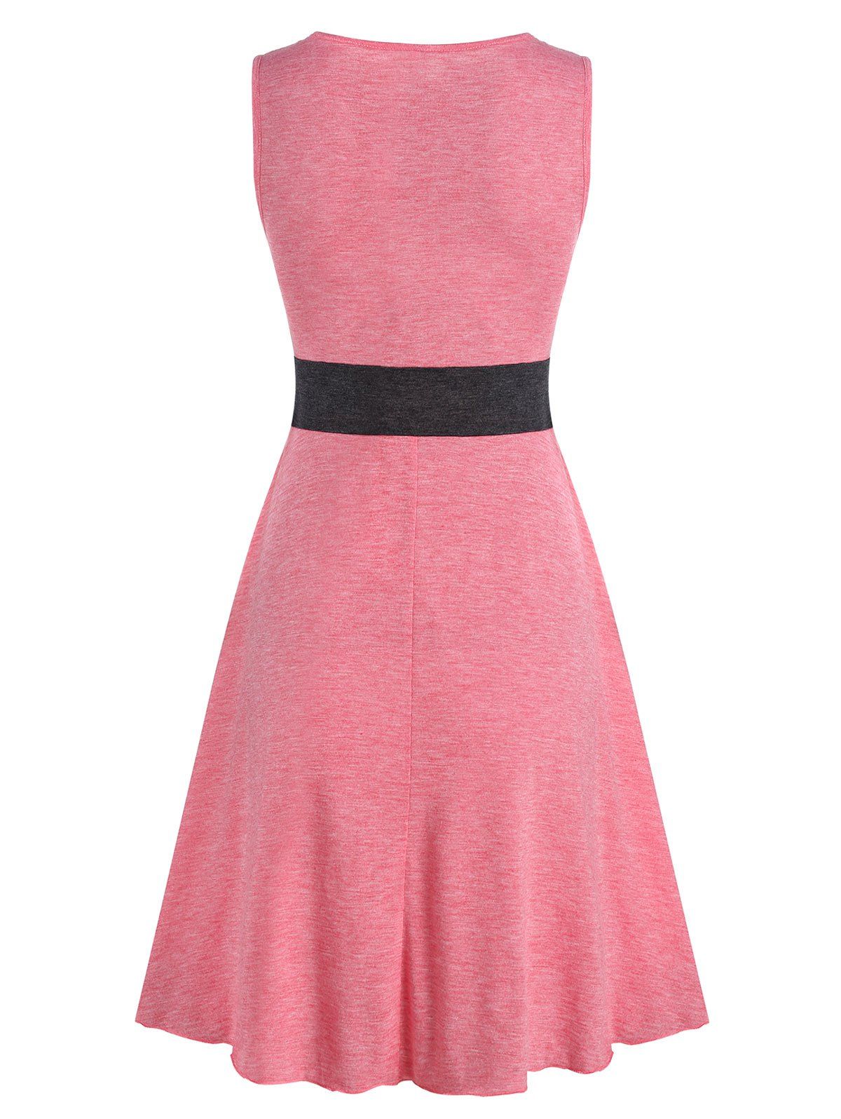 Mini Robe Boutonnée Taille Haute sans Manches à Col V - Rose Rosé L