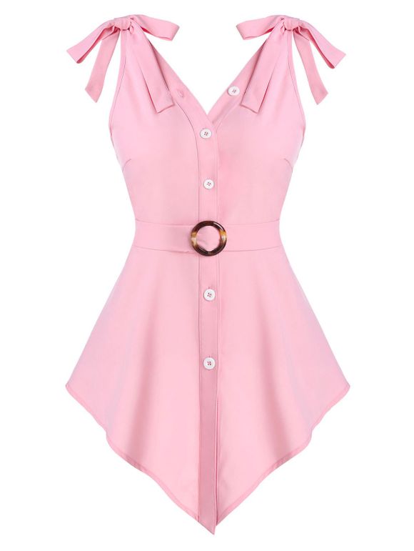 Débardeur Ceinturé Anneau en O à Ourlet Pointu avec Nœud Papillon - Rose 3XL