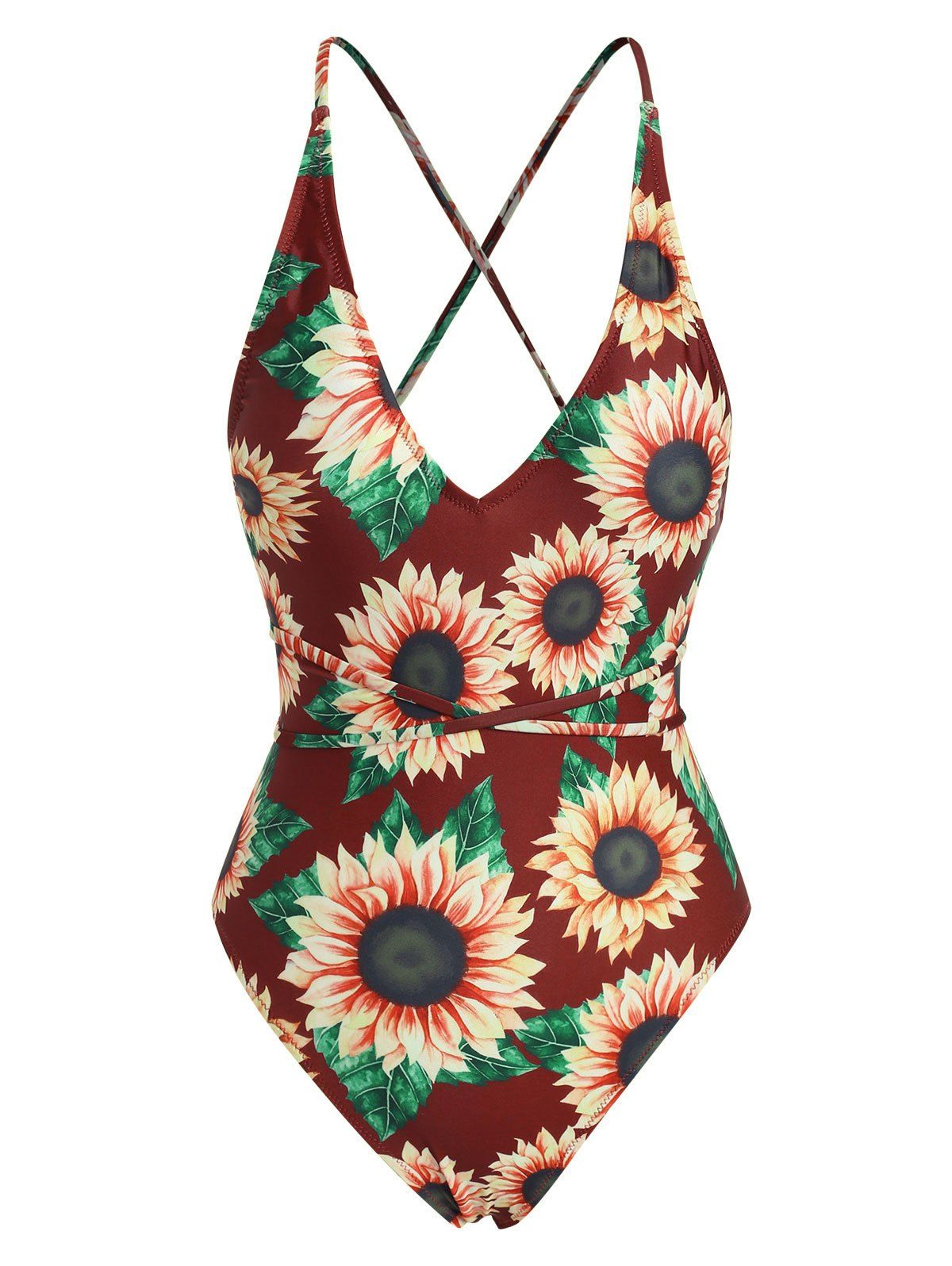 Crisscross Tie Sunflower One-piece Swimsuit - FIREBRICK S
