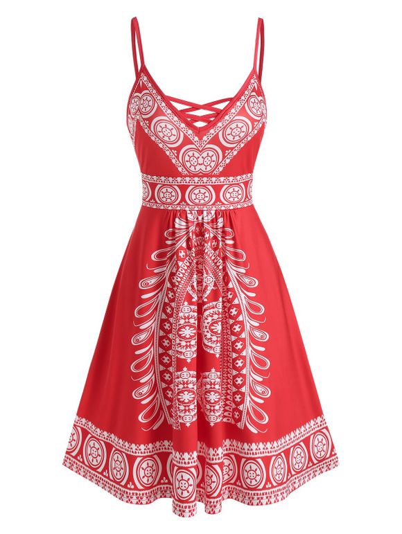 Tribal Print Criss-cross Spaghetti Strap Dress - RED 2XL