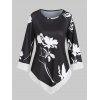 T-shirt Asymétrique Fleuri Imprimé de Grande Taille - Noir 1X
