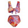 Maillot de Bain Bikini Feuille Fleuri Noué à Coupe Haute - Rouge XL