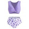 Maillot de Bain Tankini Plume Imprimée Tordu Plongeant - Violet 2XL